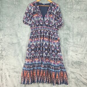 Old‎ Navy Dress Large Boho Midi Artsy Abstract Ruffle Tiered Chiffon Smocked